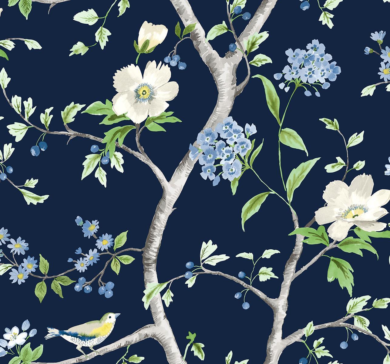1286x1200 Peel and Stick Navy Blue & Spring Green Floral Trail Wallpaper LN21312