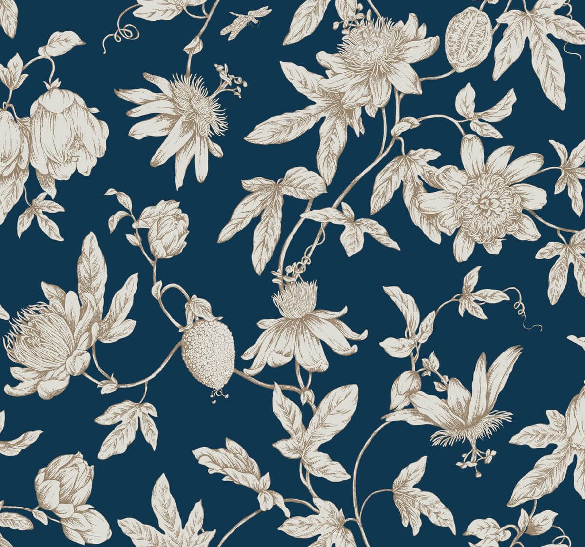1200x1122 York Wallcoverings RT7856 Passion Flower Toile Navy Wallpaper