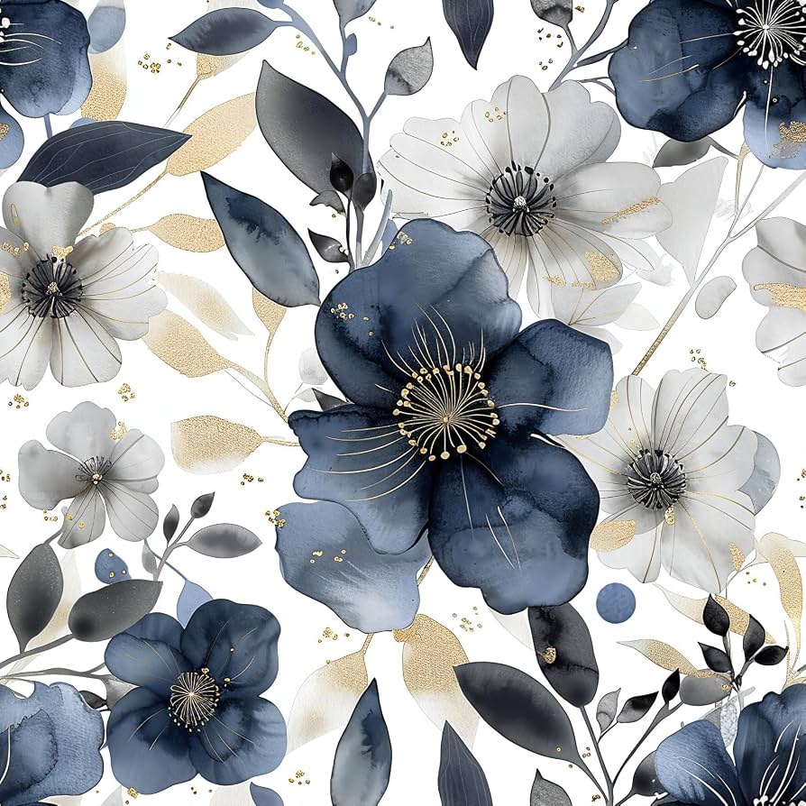 894x894 MAGAFA Floral Peel And Stick Wallpaper Dark Blue Gray Flower Boho Wallpaper, Renter Friendly.71'x236.2'