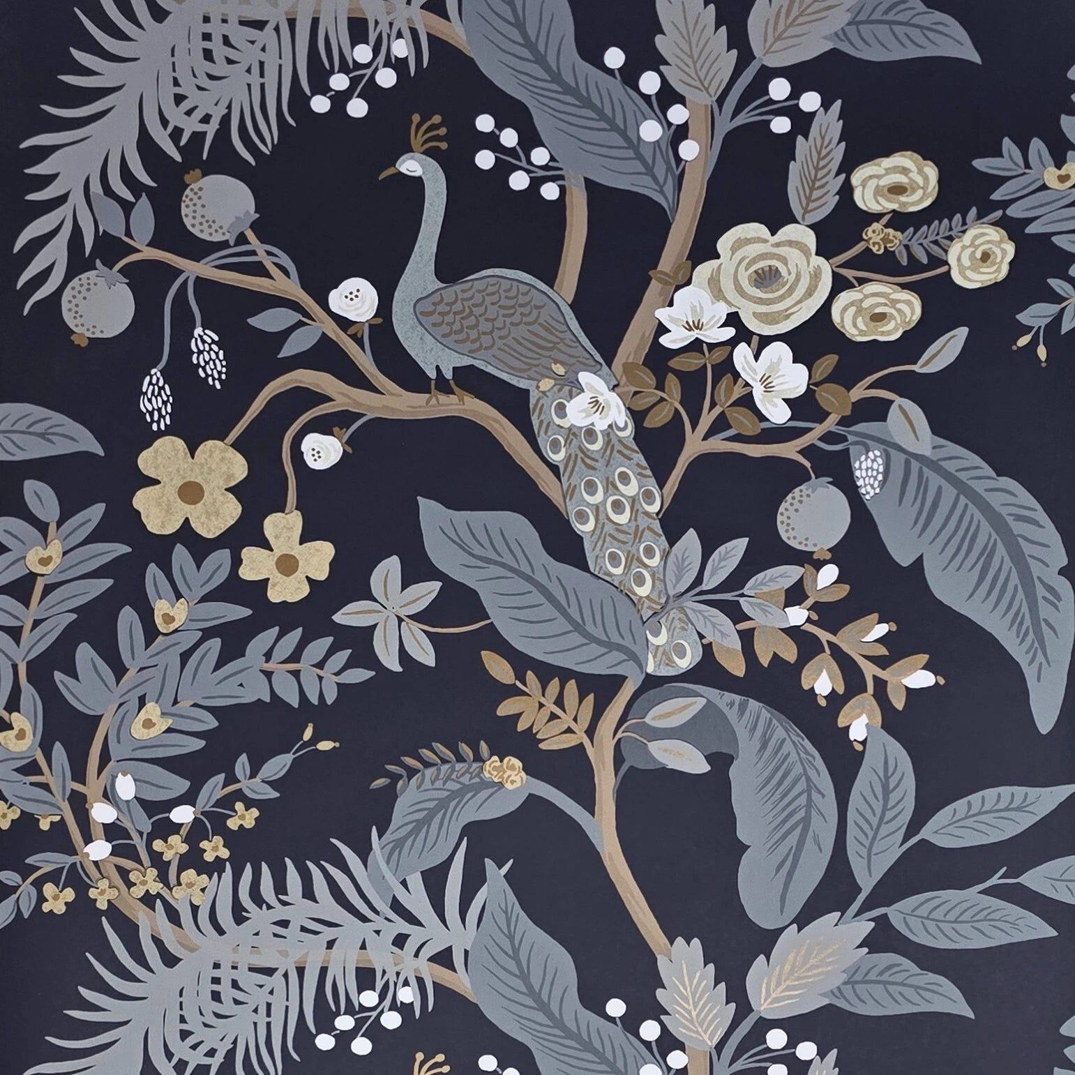 1541x1541 RI5172 Navy blue teal gold Tropical tree branches leaves flowers peaco