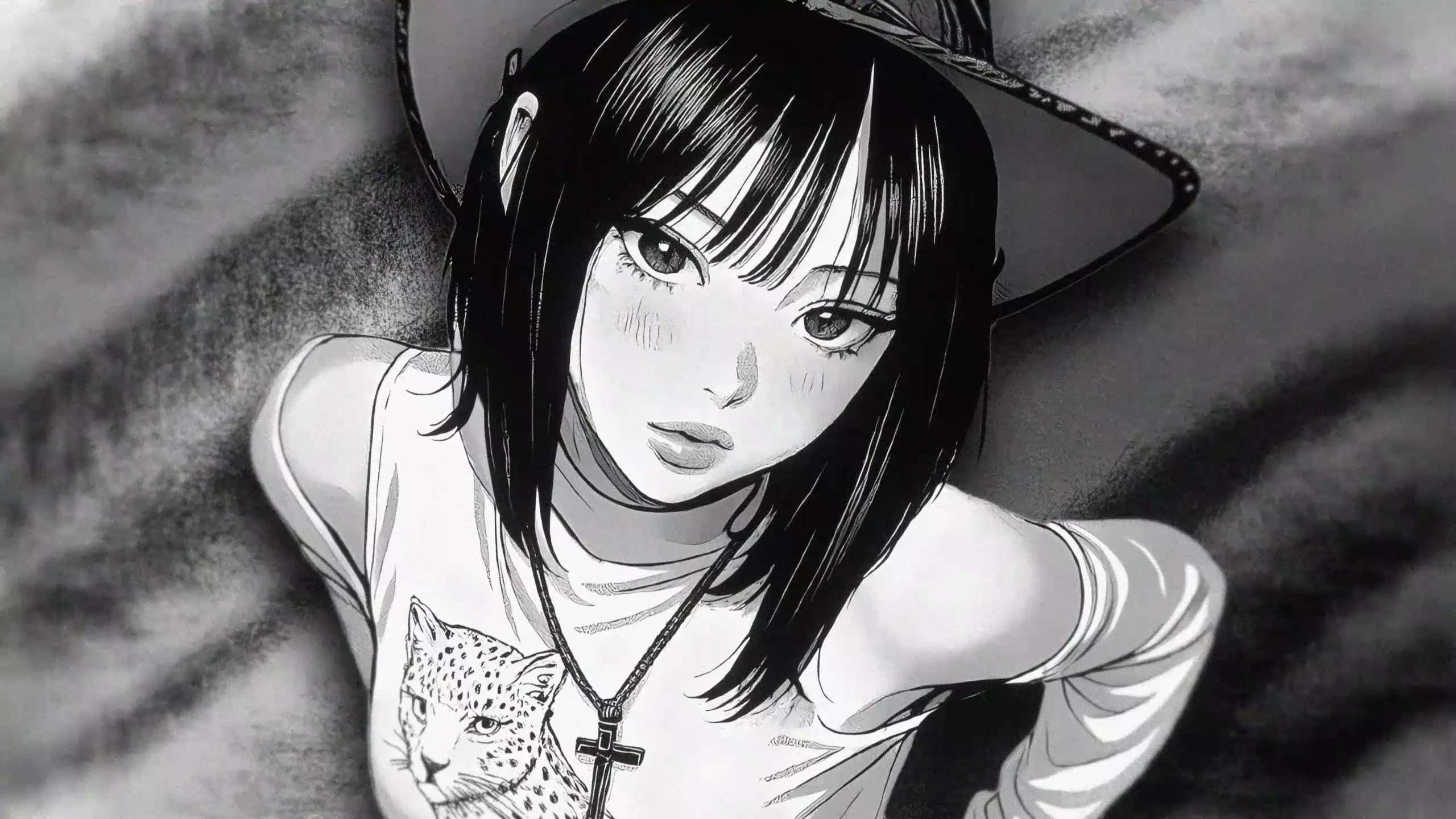 2560x1440 Live wallpaper Black and white girl in a cowboy hat download on