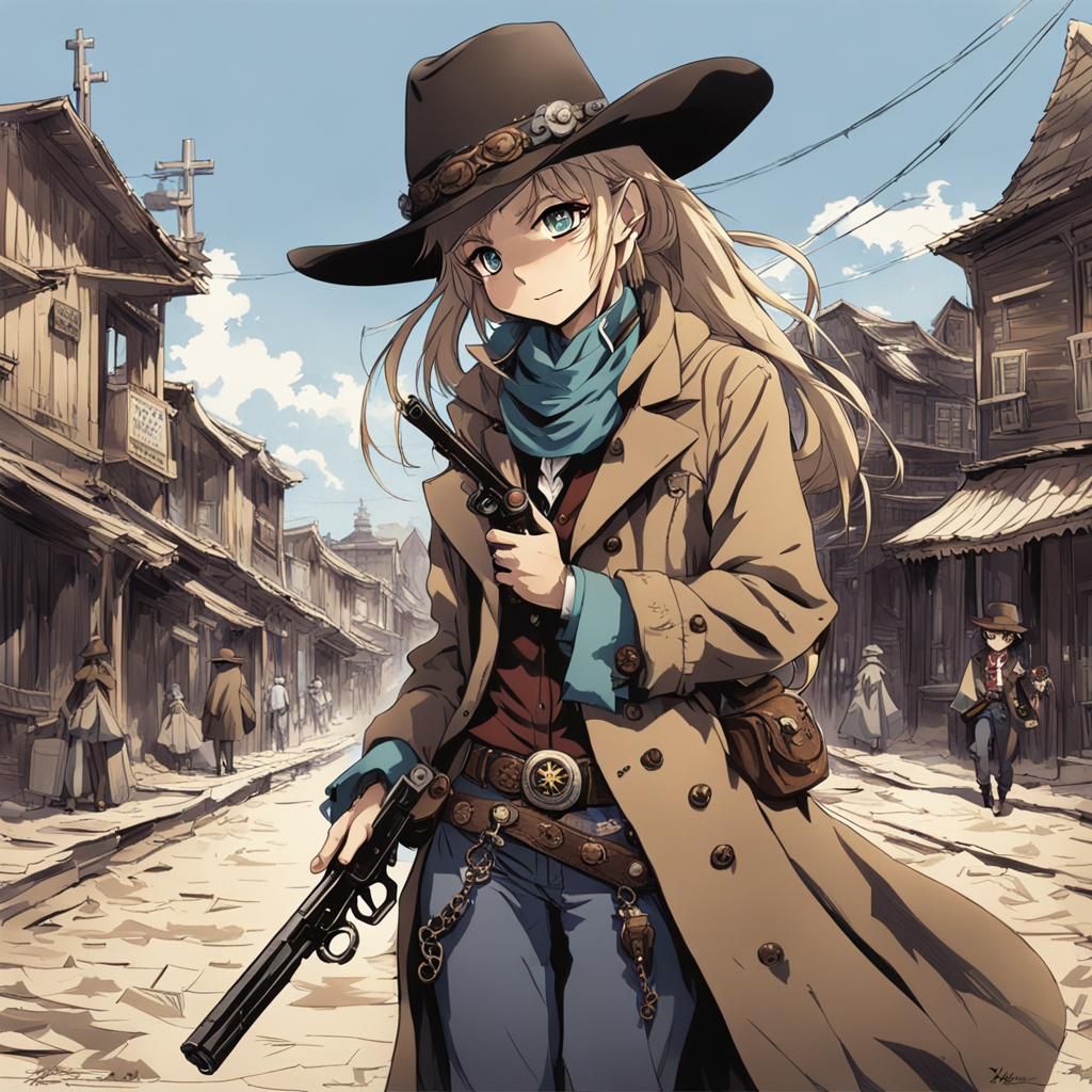1024x1024 Female Cowboy in Old Town, Anime Style