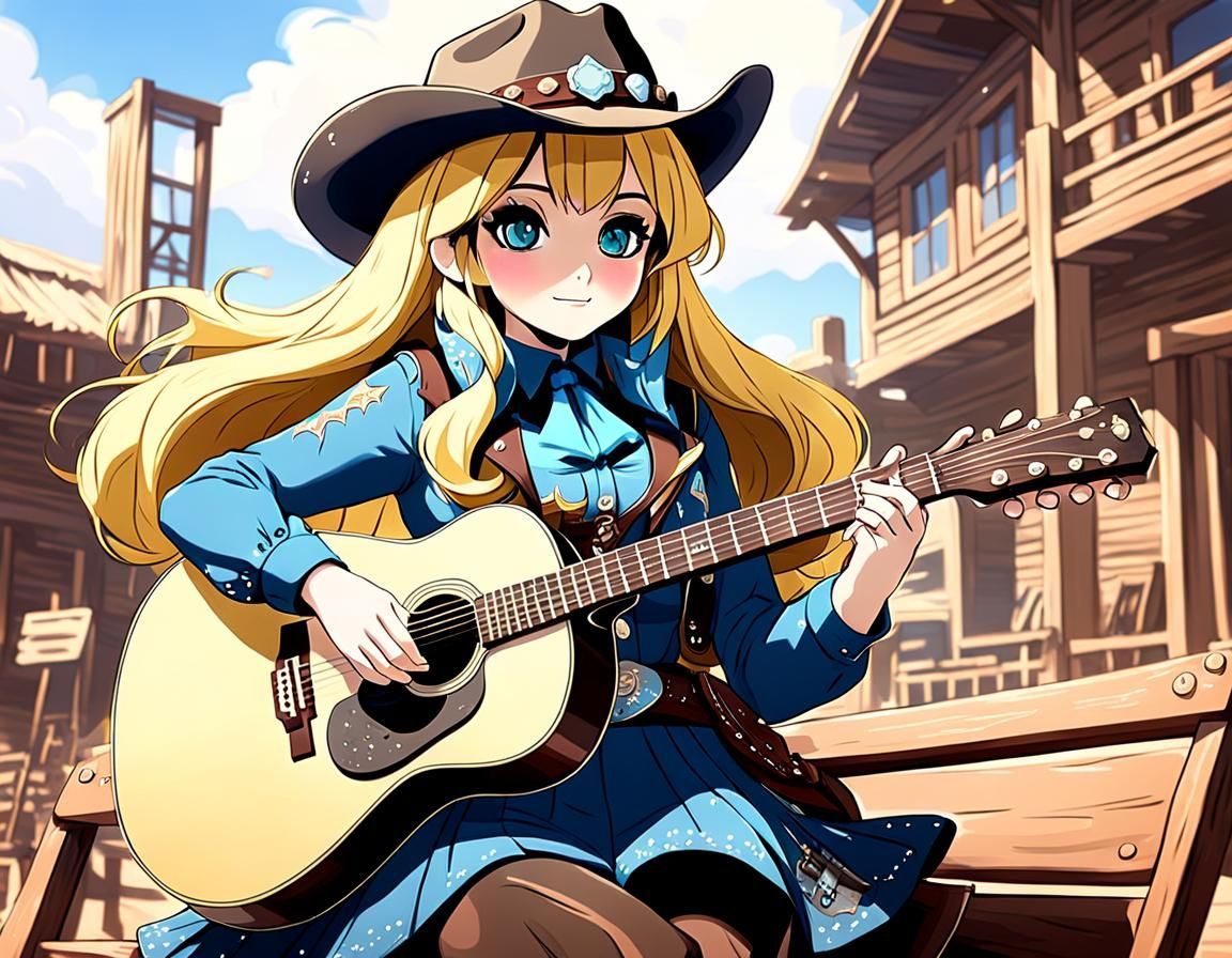 1152x896 Anime Cowgirl Plays Guitar in Western Style