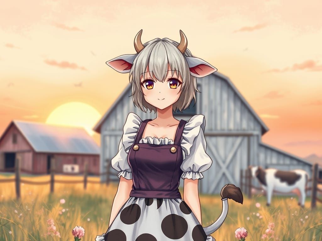 1024x768 Anime Cowgirl Farmer at Sunset in Watercolor Style