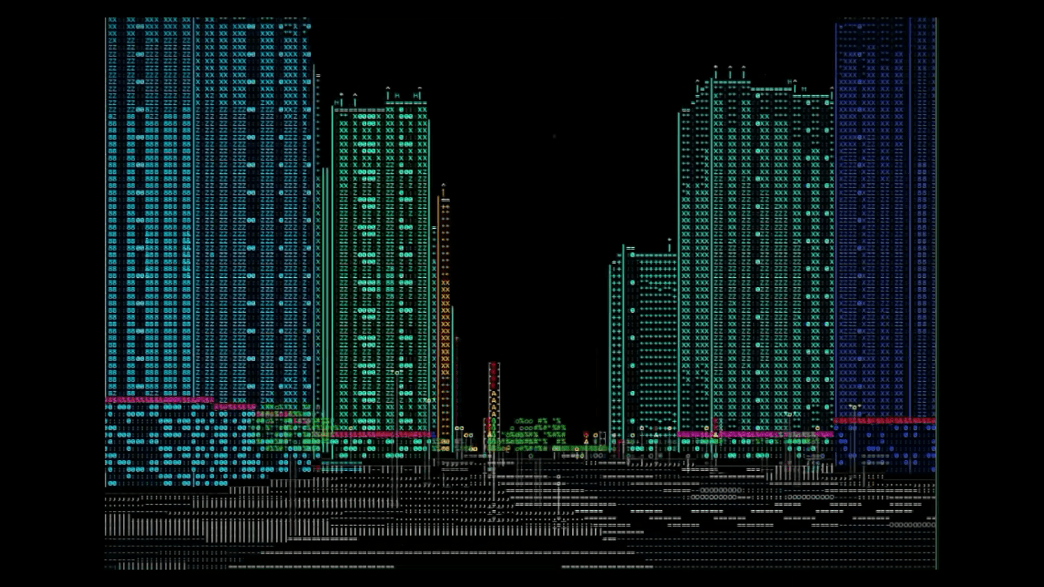 1469x826 Walk through a 3D cyberpunk city built purely from ASCII characters