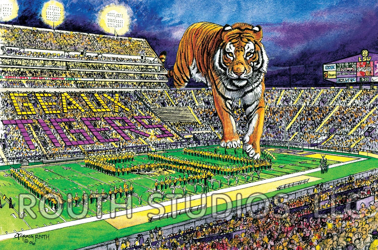 1500x993 LSU Art Print Stadium, Mike the Tiger, Licensed SEC Football Art by Craig Routh. Choose Mat in Add Personalization