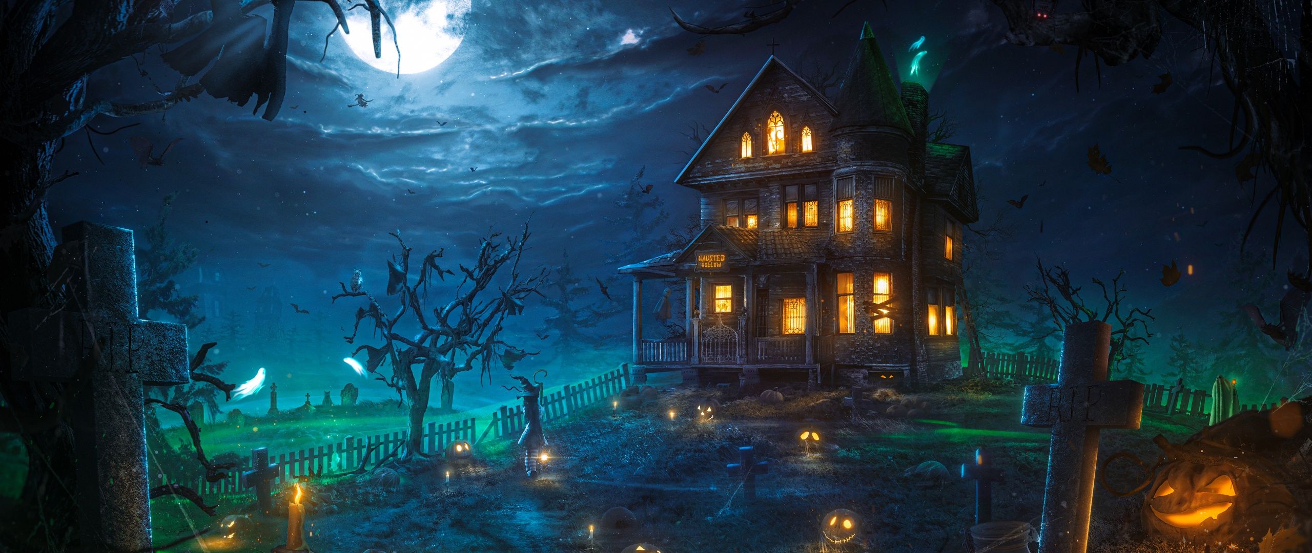 2560x1080 Haunted Wallpaper 4K, Halloween house, Mansion