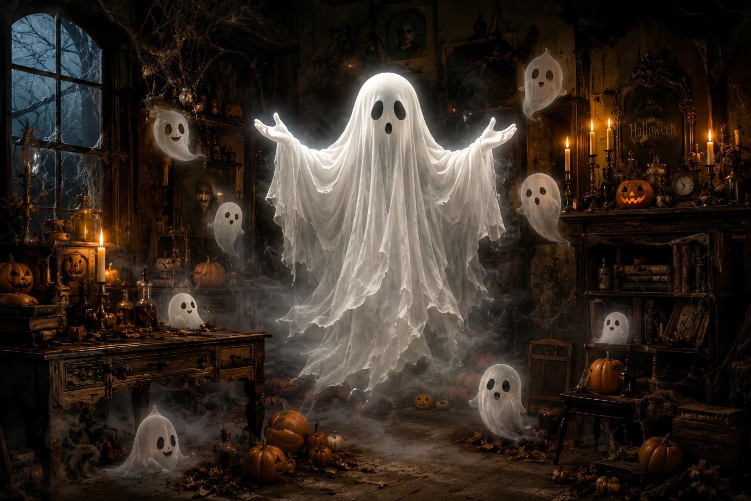 1500x1000 Halloween Ghost Backdrop Floating Ghost Haunted Room Scary Halloween Backdrop LXX67- 7'W*5'H(2.2*1.5m)
