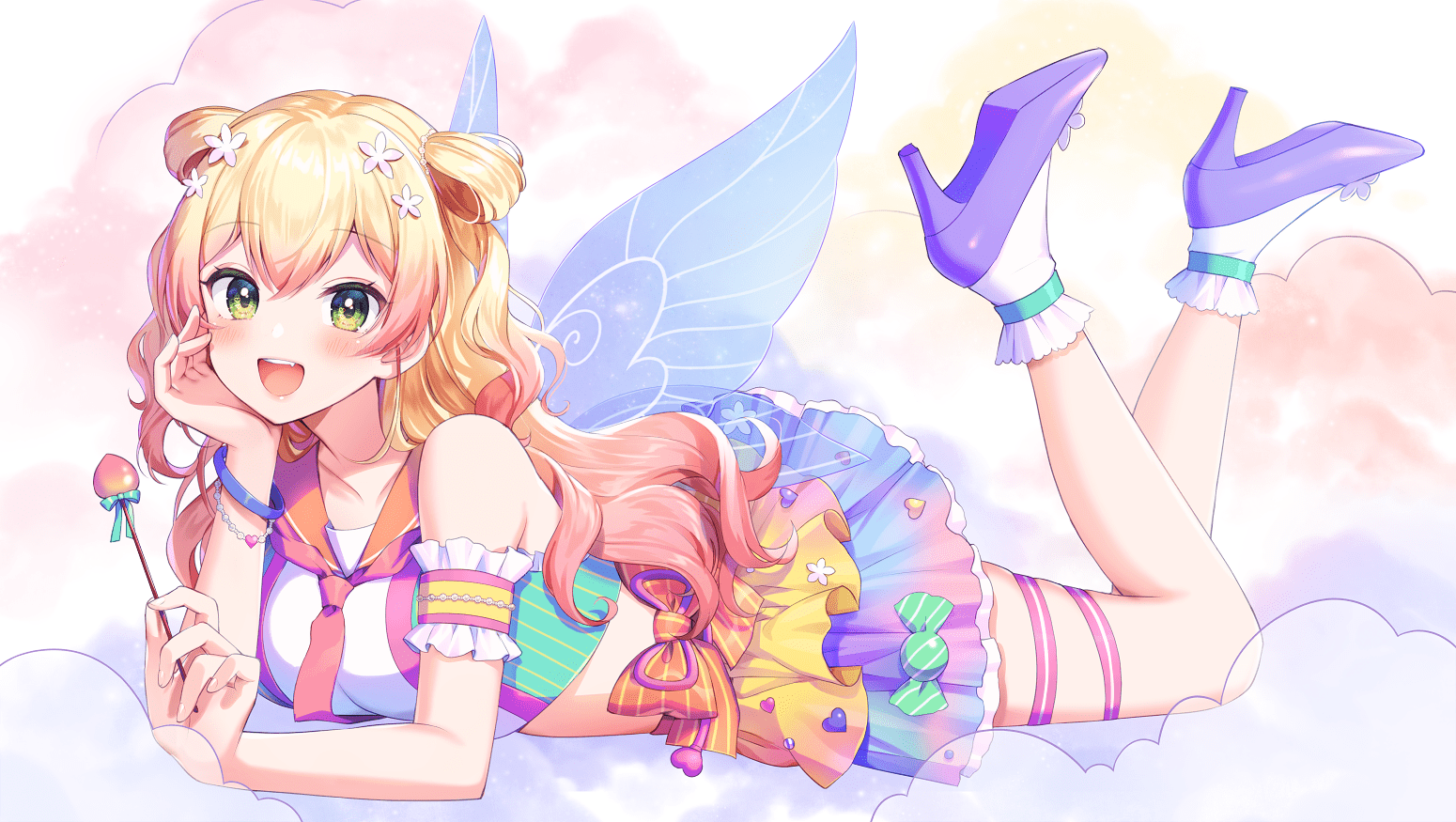 1550x875 hololive momosuzu nene momoshiki tsubaki blonde hair blush bow clouds fairy food green eyes long hair skirt wand wings