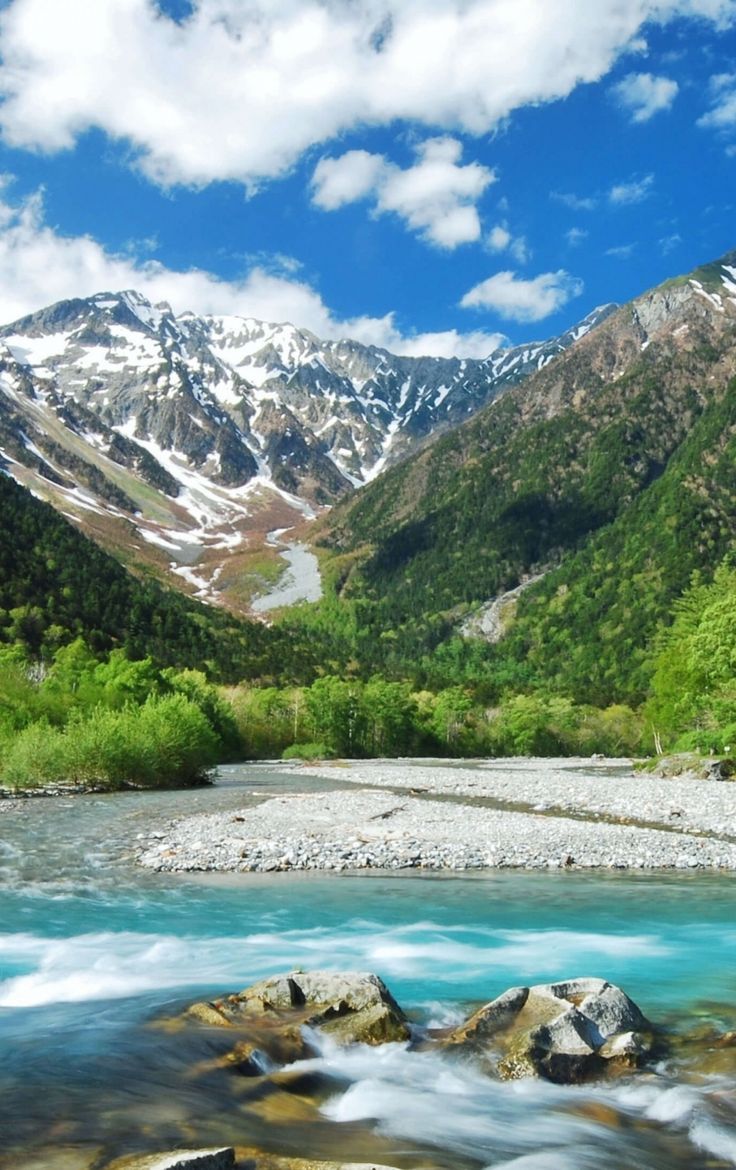 736x1170 Kamikochi mountains, japan, River, outdoor, blue sky, sunny day, 840x1336 wallpaper