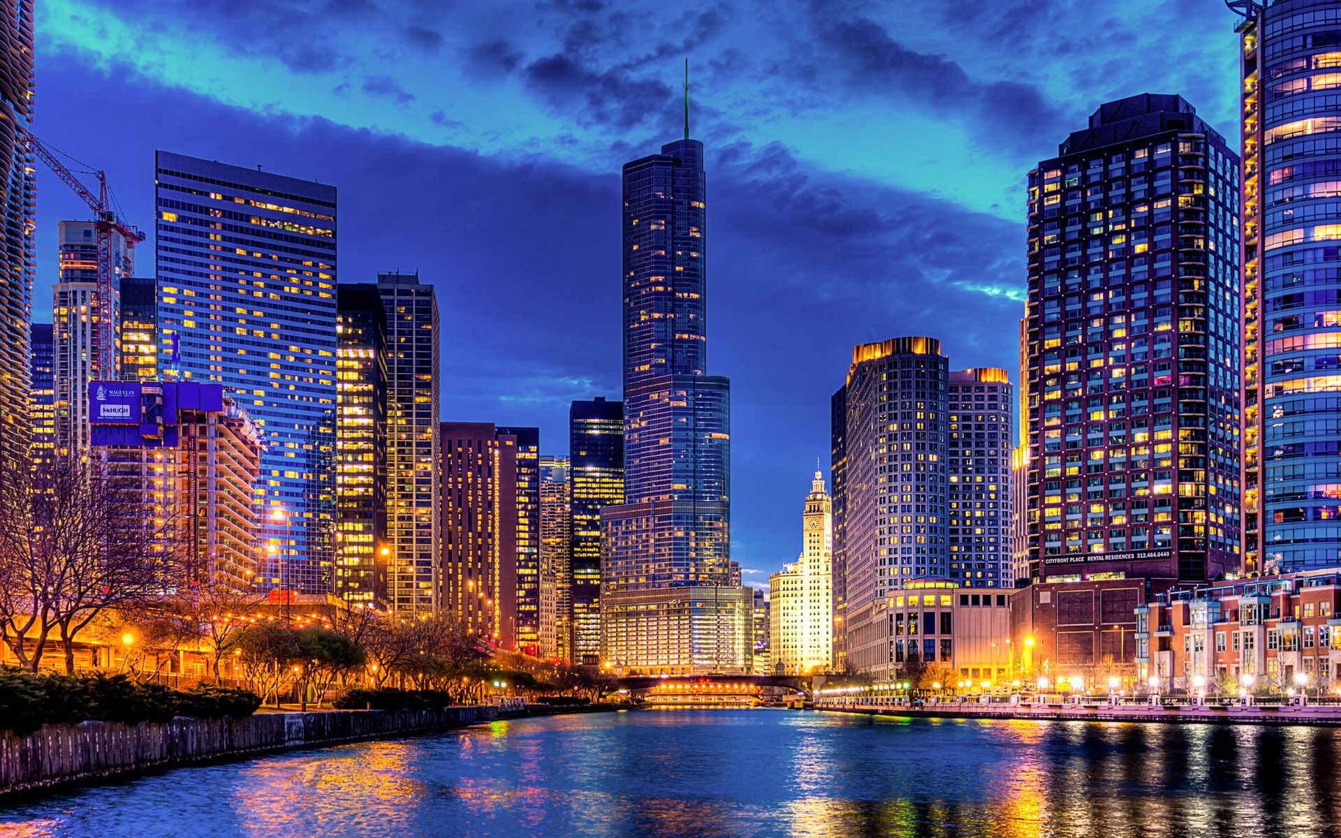 1920x1200 streeterville, Trump, Tower, Chicago, Illinois, Usa, Architecture, Cities, Buildings, Skyscrapers, Night, Lights, Rivers, Reflection, Sky, Clouds Wallpaper HD / Desktop and Mobile Background