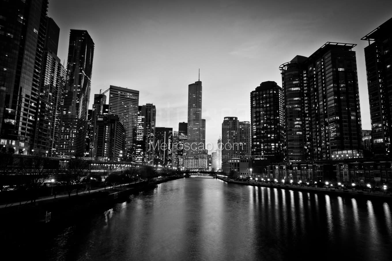 1360x907 Trump Tower Chicago River Black and White