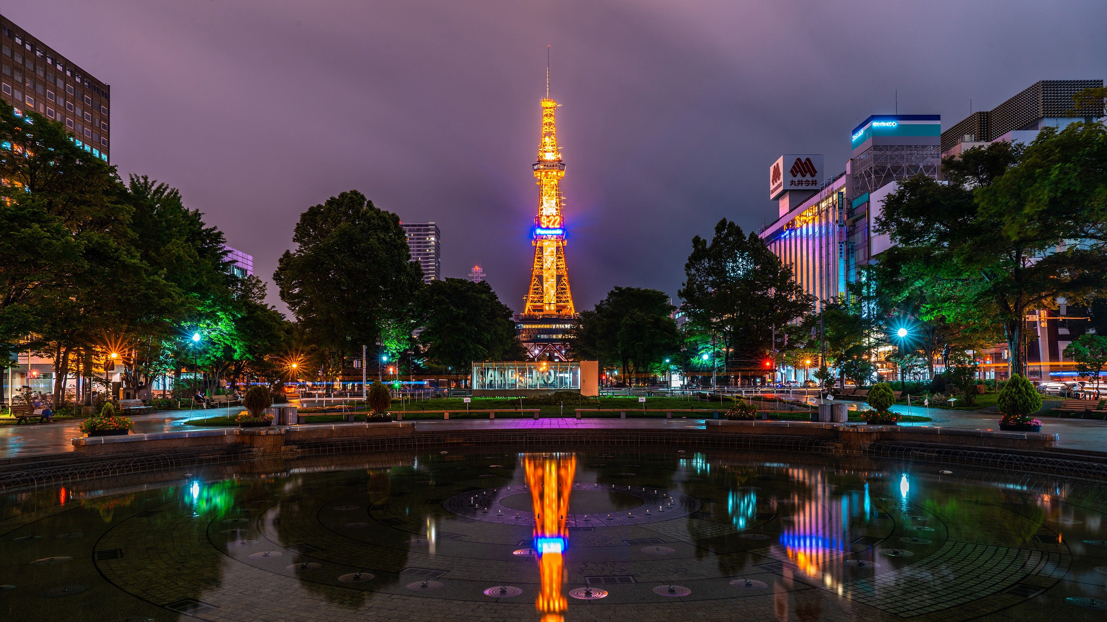 3840x2160 Building City Japan Light Night Reflection Sapporo Tower 4K HD City Wallpaper