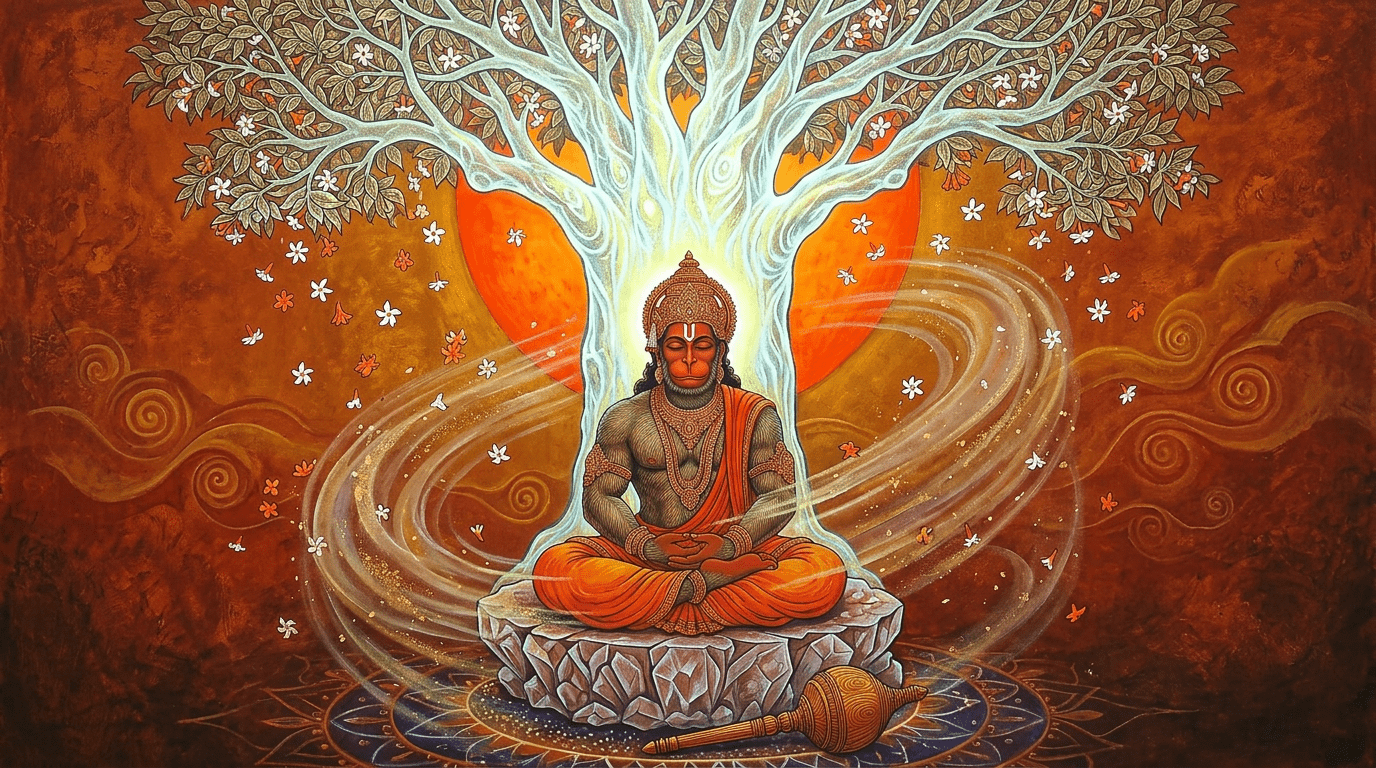 1376x768 Hanuman mythological warrior sitting on mountain at sunrise