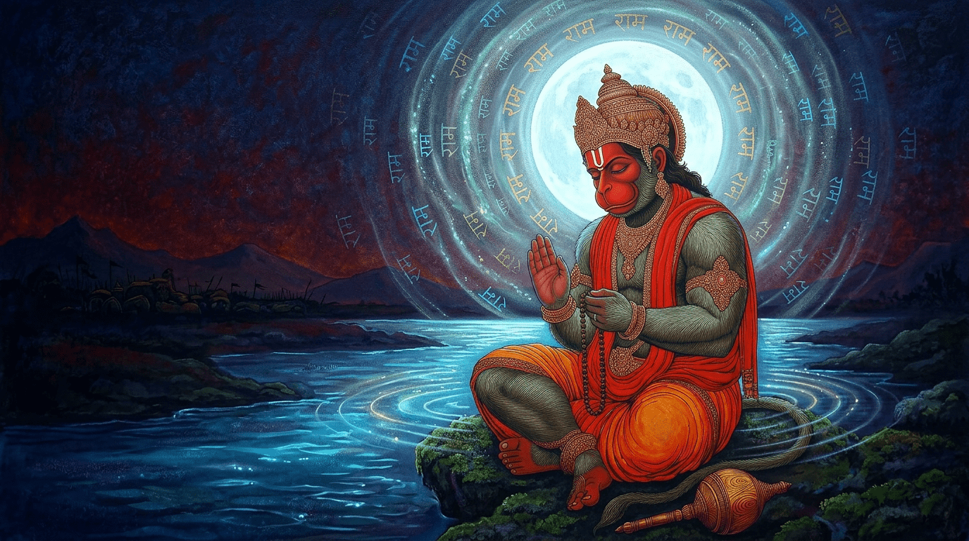 1376x768 Hanuman mythological warrior sitting on mountain at sunrise