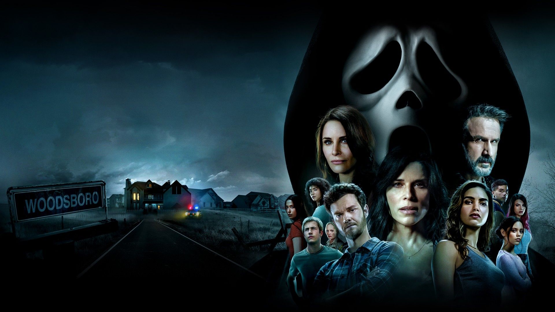 1920x1080 Courteney Cox Jenna Ortega Mikey Madison Neve Campbell Melissa Barrera Skeet Ulrich 4K HD Scream (2022) Wallpaper