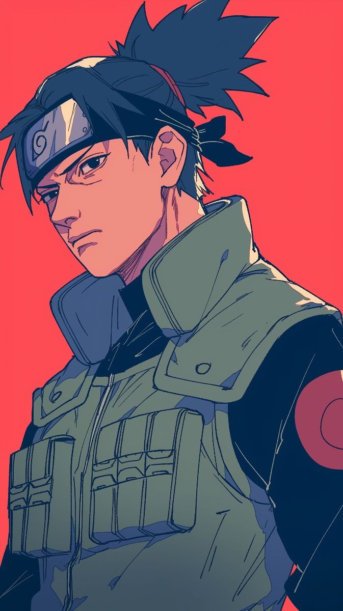 673x1200 Iruka Umino with Intense Gaze Against Bold Red Background