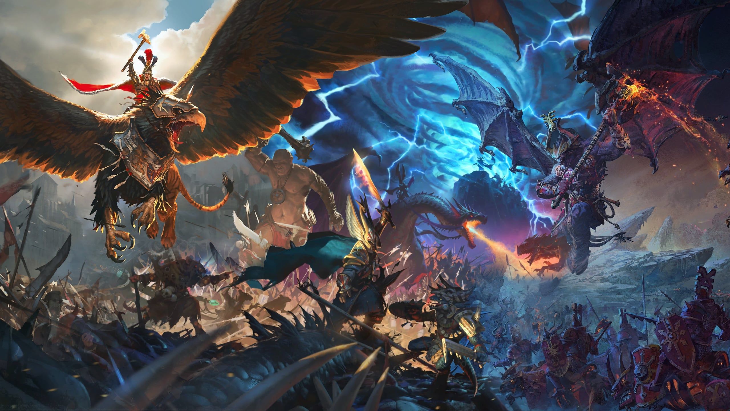2560x1440 Just finished making this Warhammer banner to put on my wall. It's an amalgam of each game's main banner into one giant battle