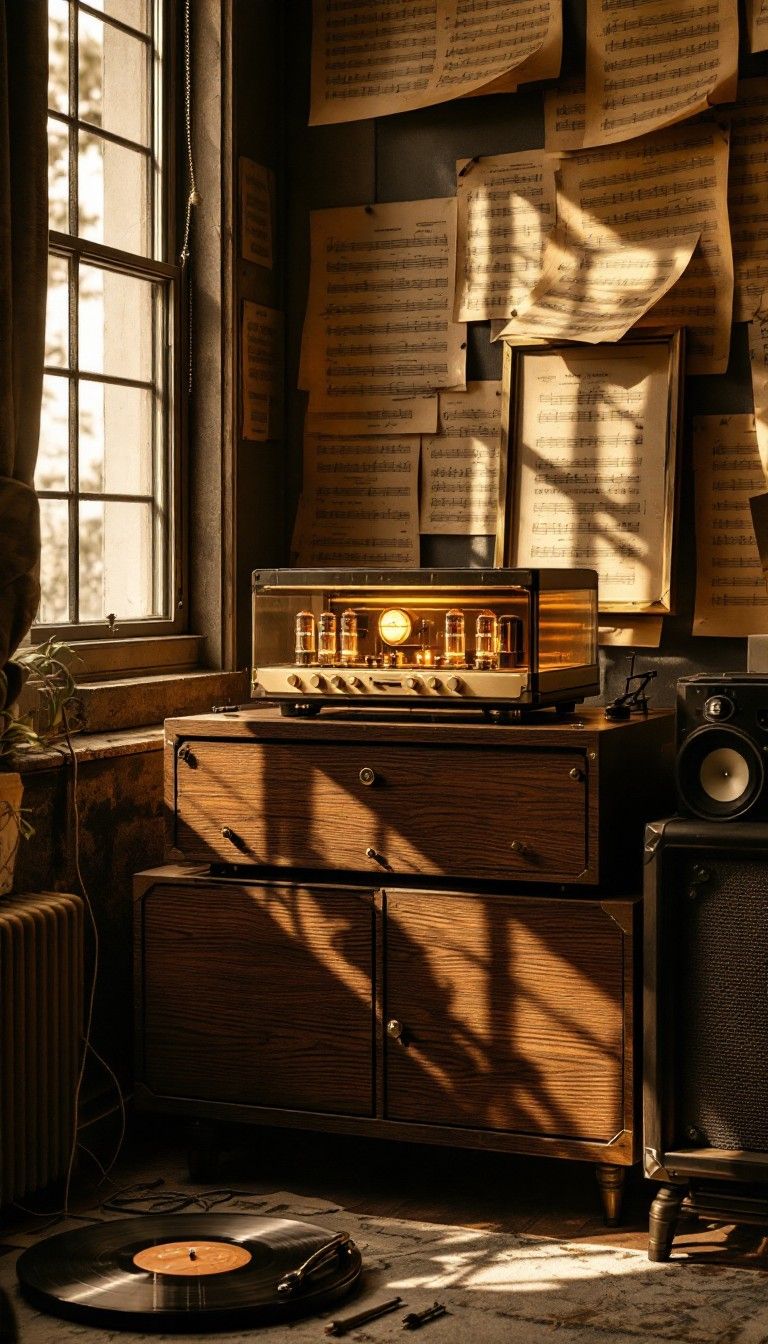 768x1344 Download Vintage Music Corner Image, Vinyl, Amplifier