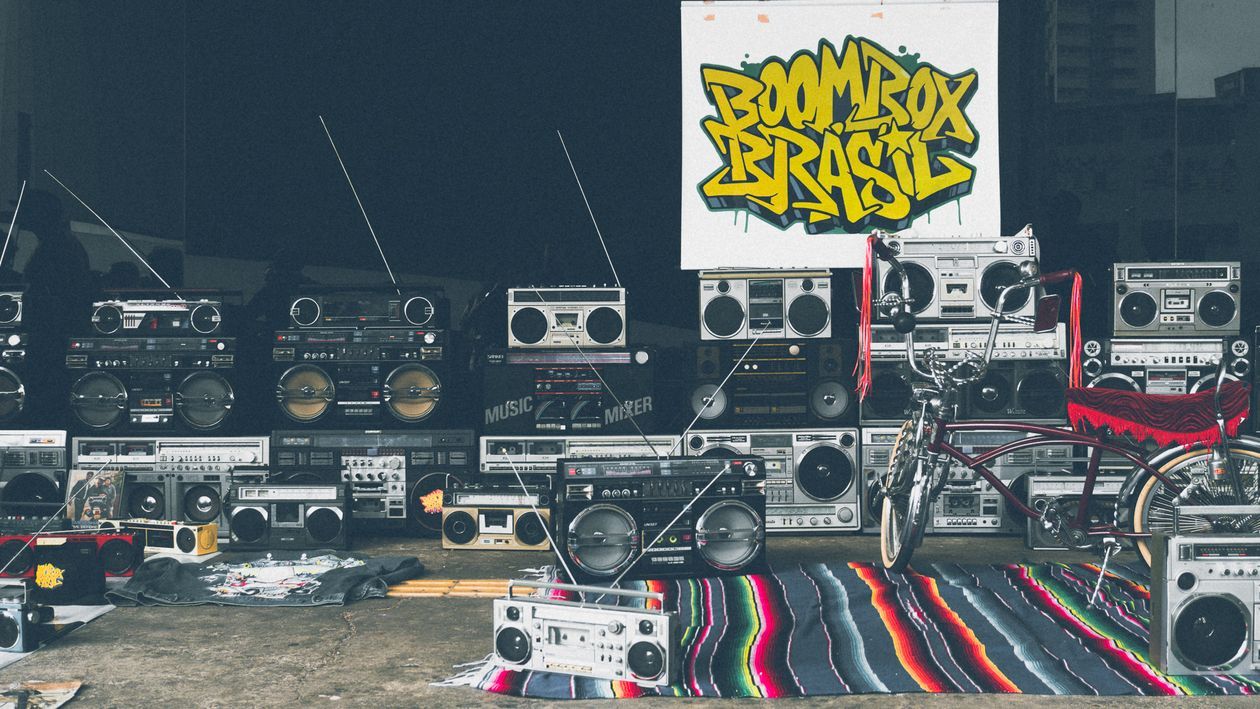 1260x709 Stacked Grey and Black Boombox Lot · Free