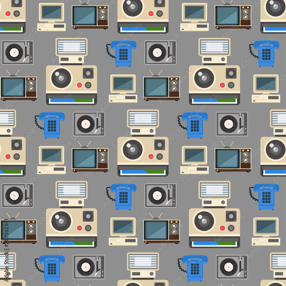 1000x1000 Vintage technologies vector retro audio multimedia entertainment old electronic gadget communication seamless pattern background illustration. Stock Vector
