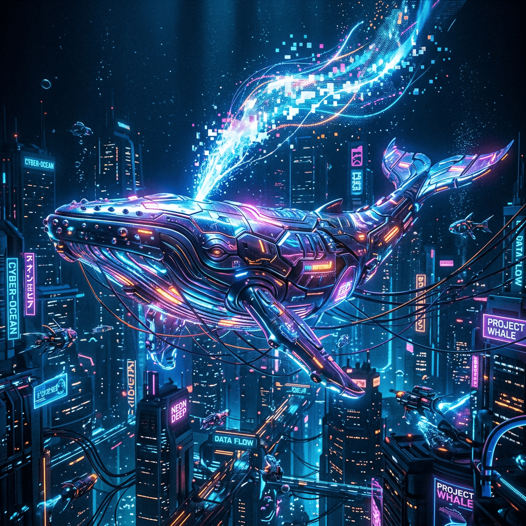 1024x1024 Famous Cyberpunk Whale Illuminated In Neon Waters. AI Art Generator. Easy Peasy.AI