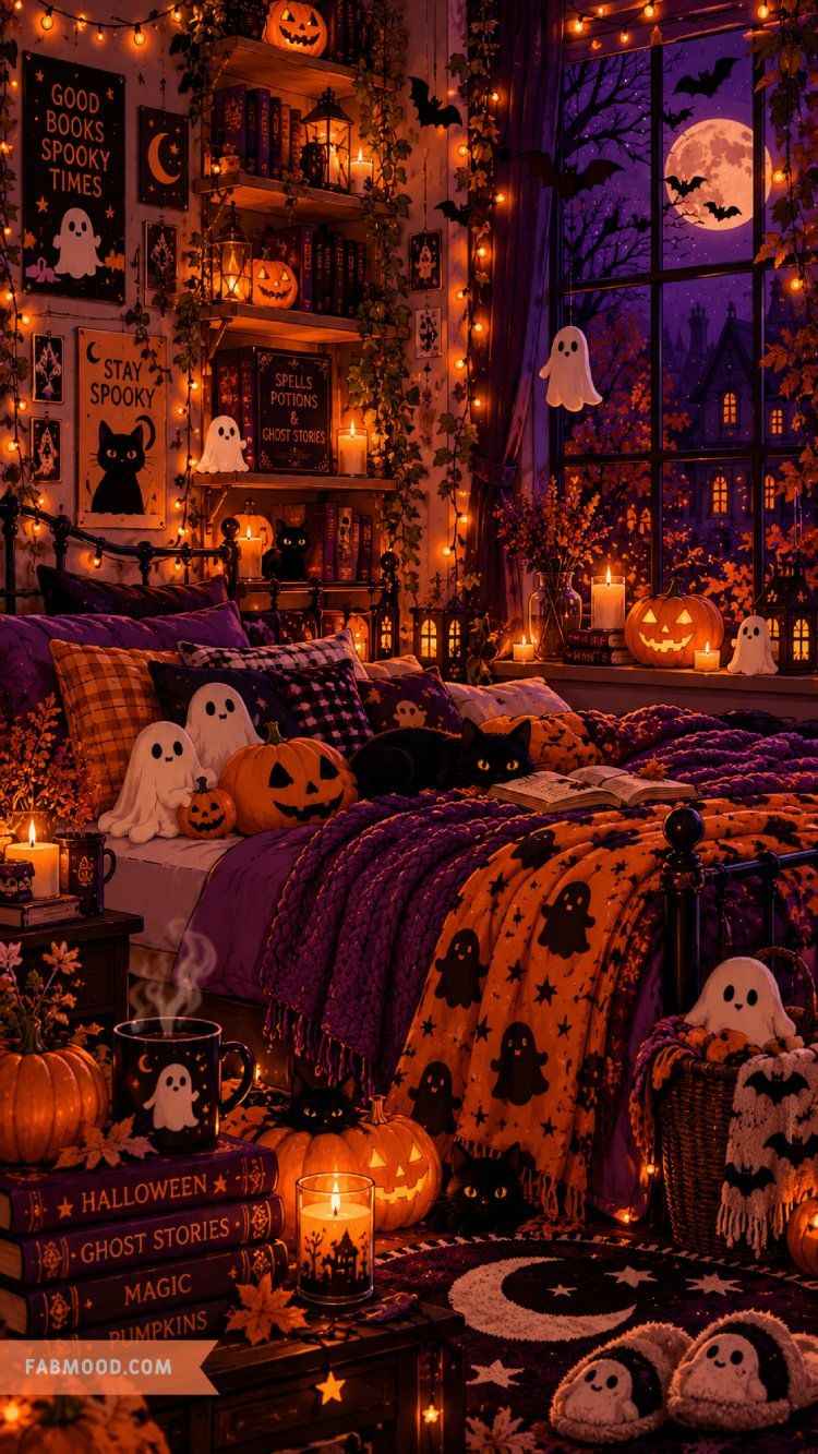 750x1333 Spooky Cosy Halloween Bedroom Wallpaper with Ghosts