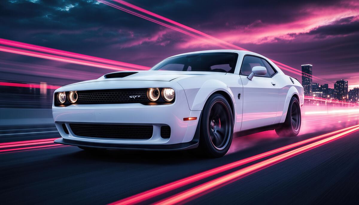 1200x686 A white Dodge Challenger is racing along the night highway, shrouded in the neon glow of the city. · free photo from n0mad and wallpaper