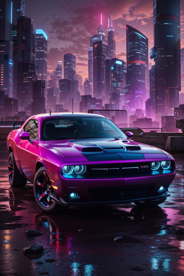 736x1104 dodge challenger in a cyber punk landscape