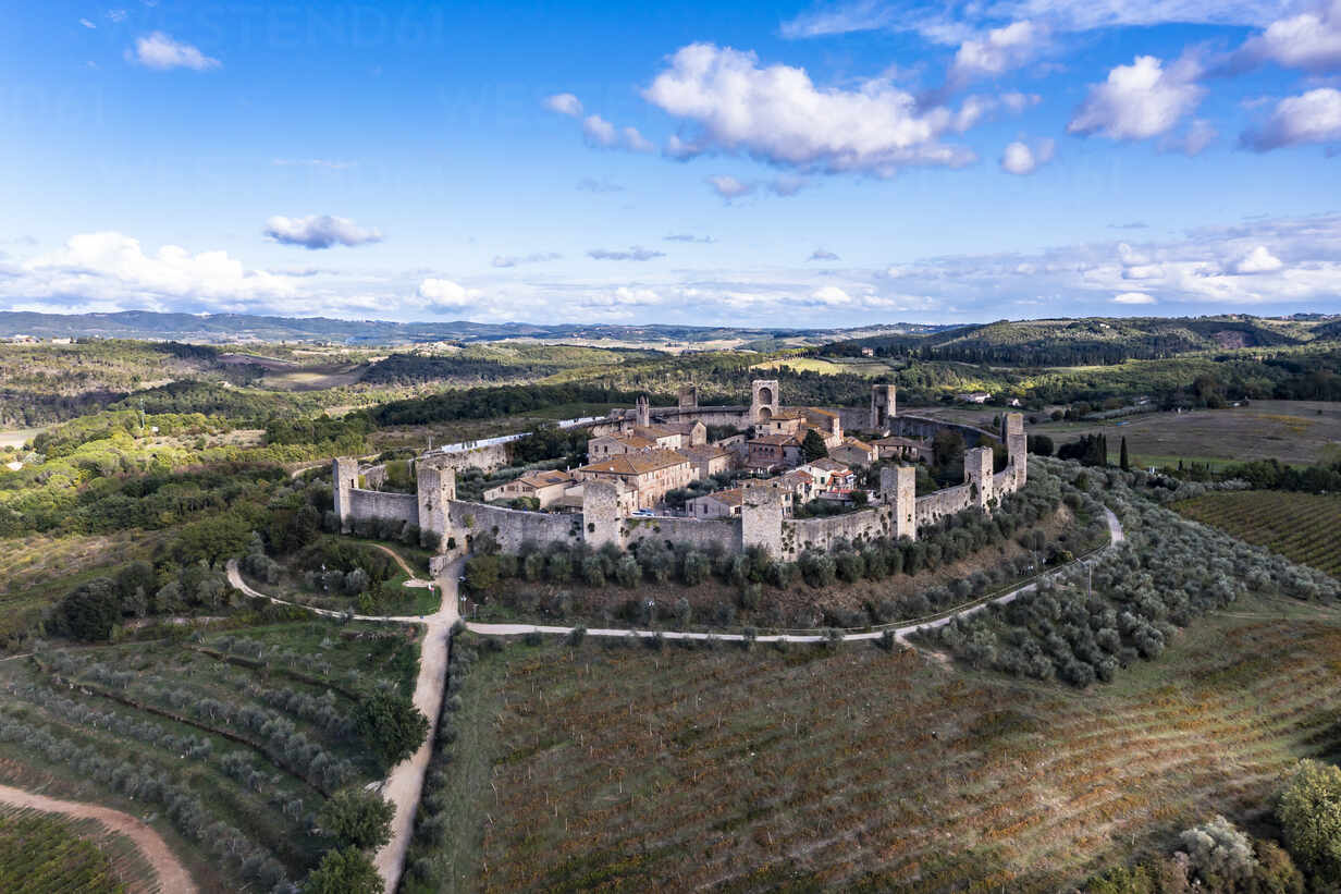 1232x821 Italy, Tuscany, Monteriggioni, Aerial view of medieval walled village