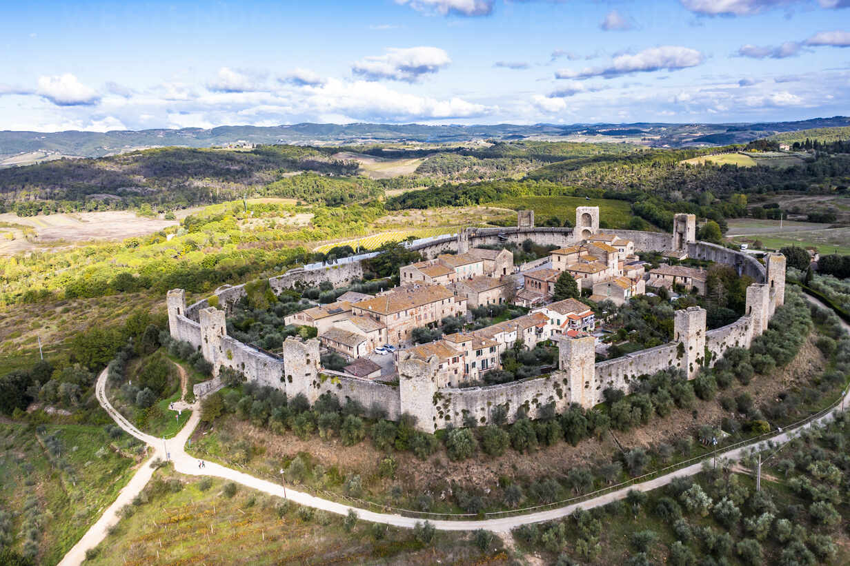 1232x821 Italy, Tuscany, Monteriggioni, Aerial view of medieval walled village