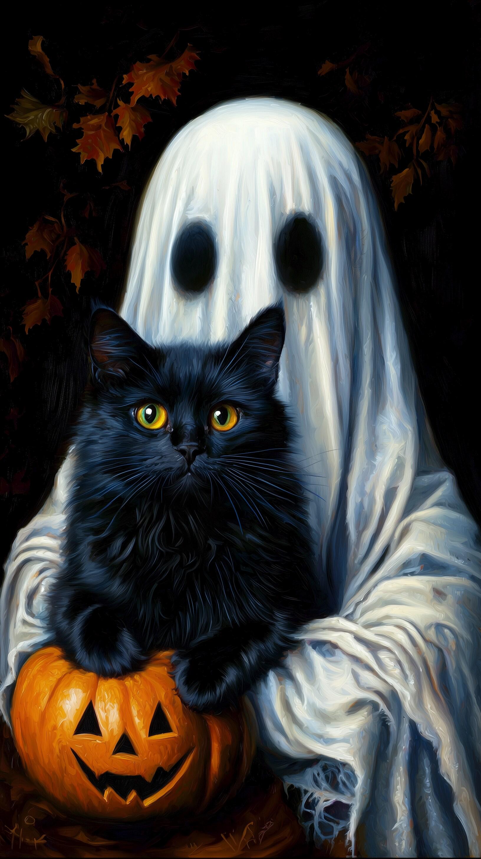 1632x2912 Ghost Holding a Black Cat Halloween Wall Art