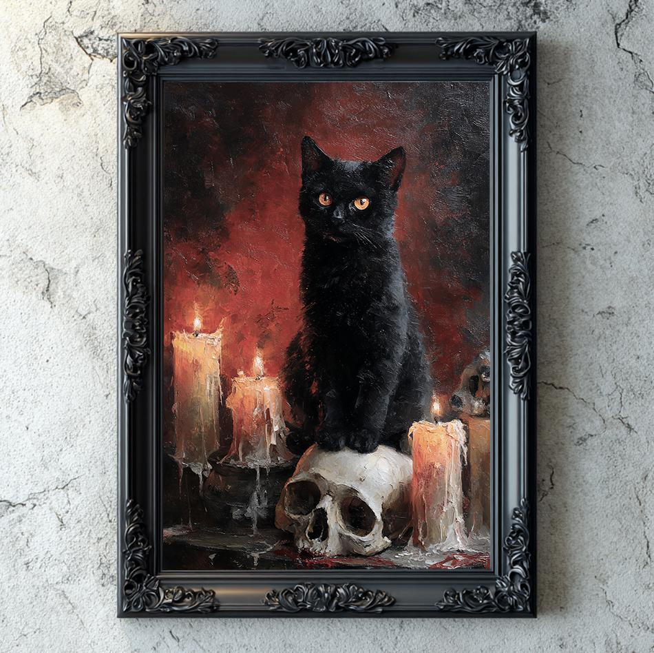 950x948 Printable Black Cat Print on a Skull and Candles. Cat Lover Decor. Halloween Print. Dark Wall Art. Witchy Decor. Dark Academia. Dark Art