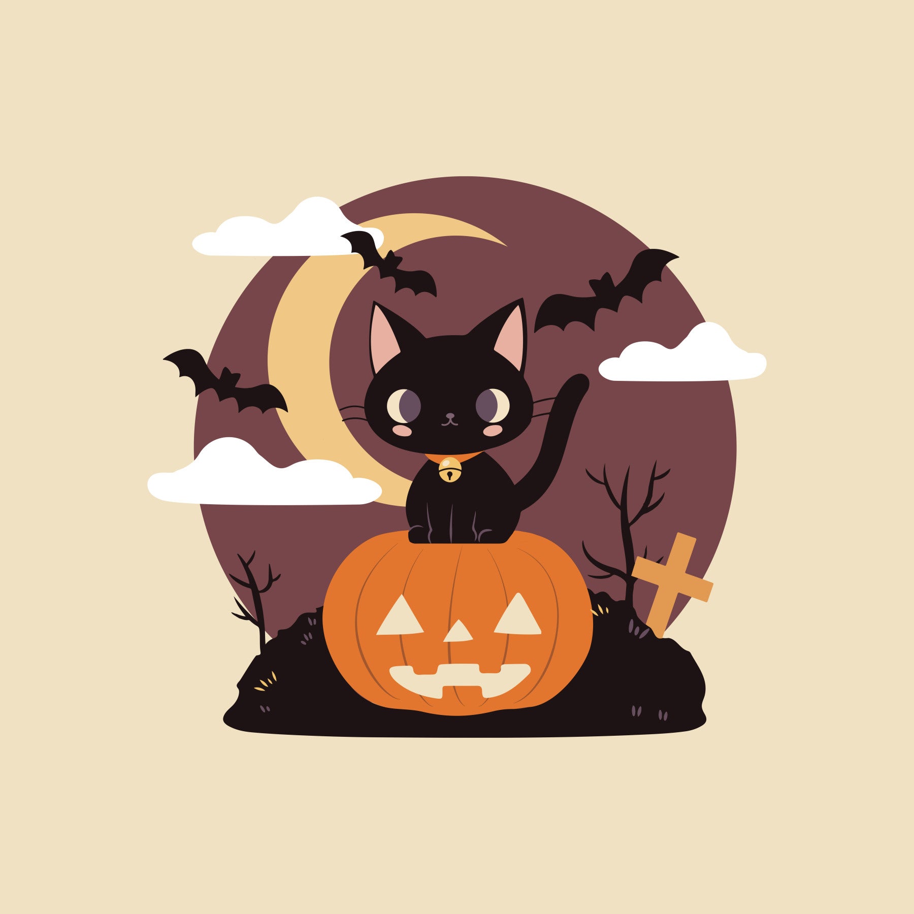 1800x1800 Halloween Cat & Pumpkin Wallpaper