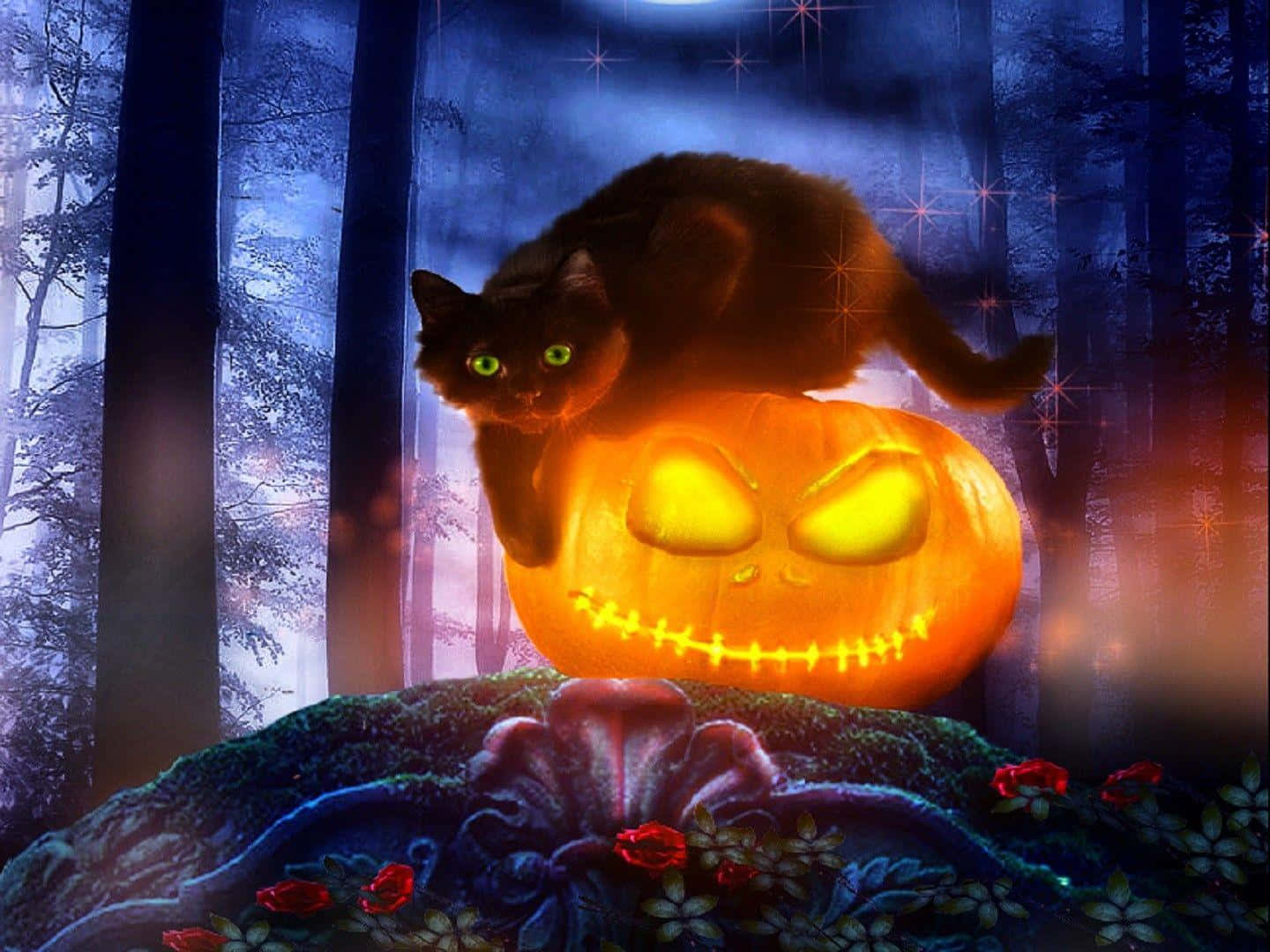 1440x1080 Download Surprise! A spooky Black Cat is ready to greet you this Halloween! Wallpaper