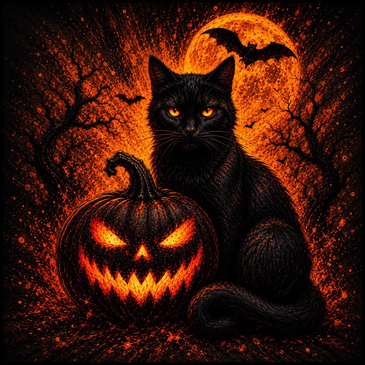 1254x1254 Black Cat And Jack O' Lantern Halloween Digital Wallpaper