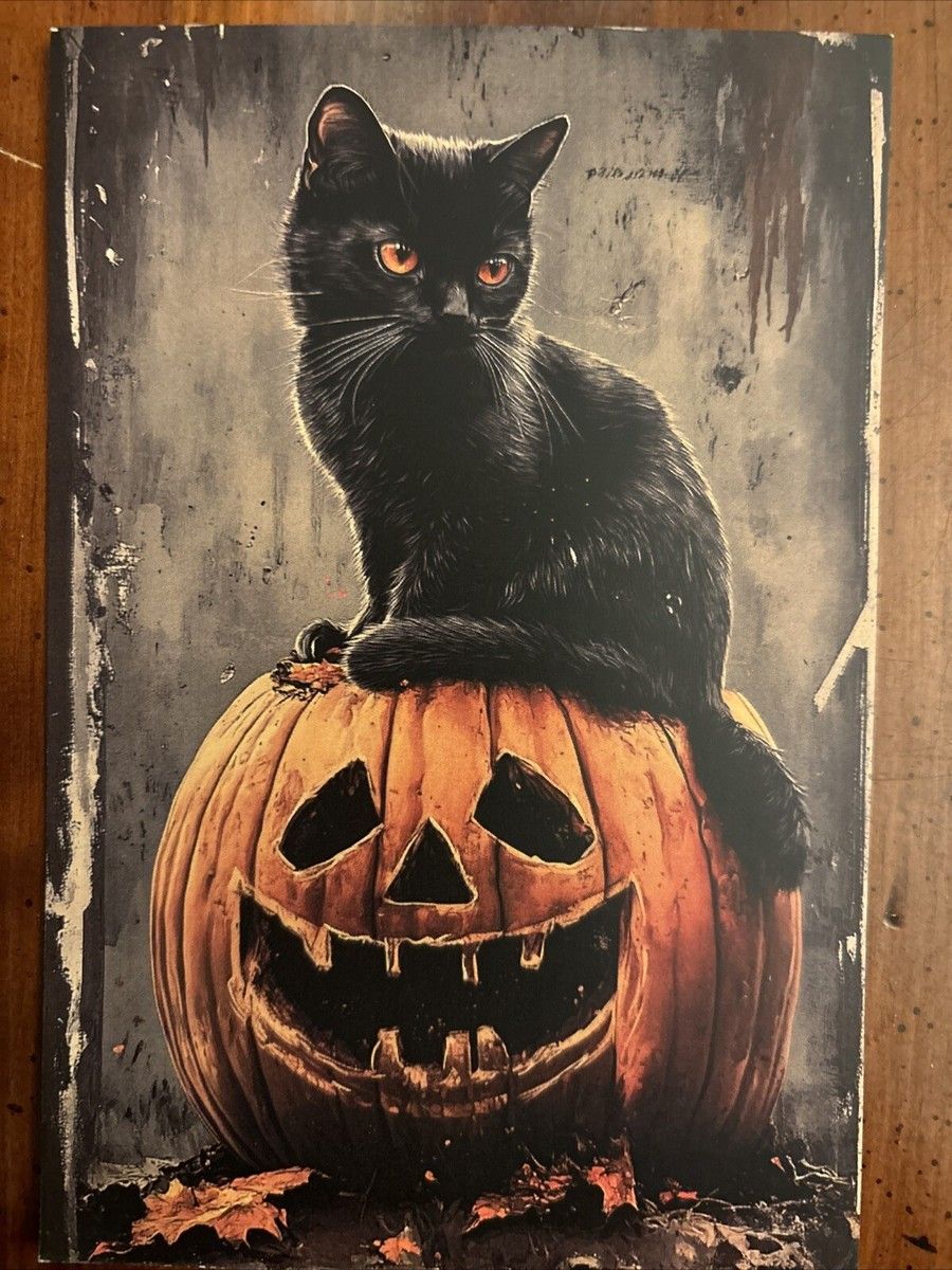 900x1200 Vintage Style Unused Halloween Spooky Black Cat Postcard Print 4x6