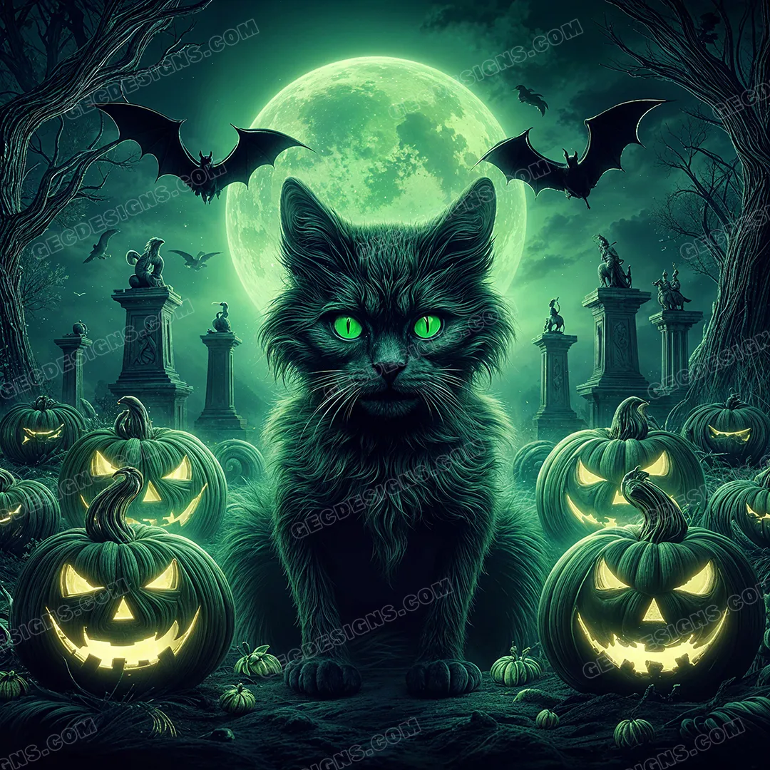 1080x1080 Halloween Cat wallpaper, Black cat with green eyes surrounded by evil pumpkins, spooky full moon background: Free & Premium Creative Assets