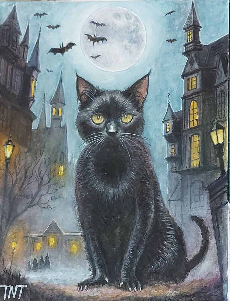 918x1200 Halloween Black Cat Haunted Gothic City Bats Full Moon Illustration Watercolor