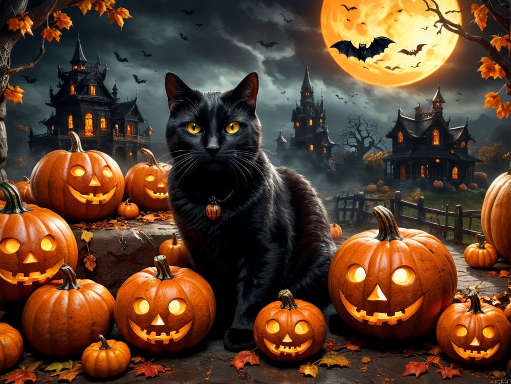 1024x771 Premium Free ai Image. Spooky Cat and Pumpkin Delight
