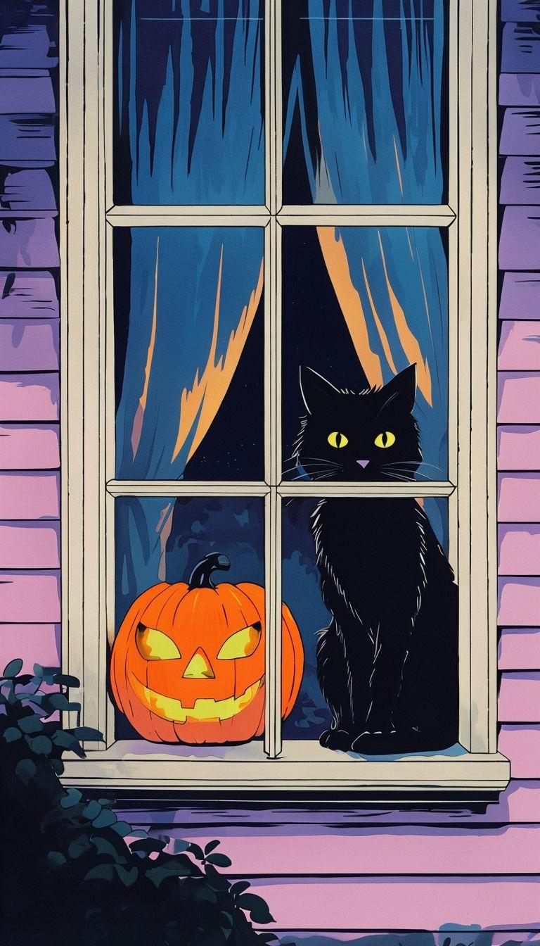 768x1344 Spooky Halloween Window Scene with Black Cat and Pumpkin Mobile Wallpaper