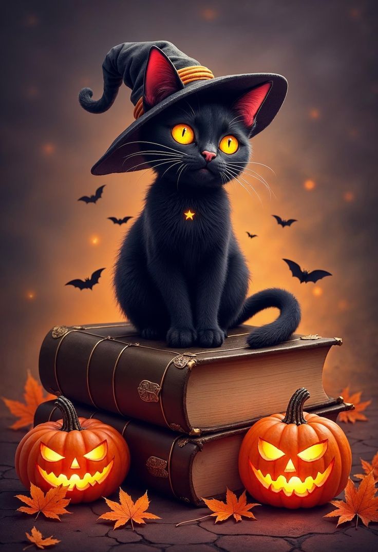 736x1075 Adorable Halloween Black Cat With Witch Hat and Pumpkins Magical Digital Art for Instant Download