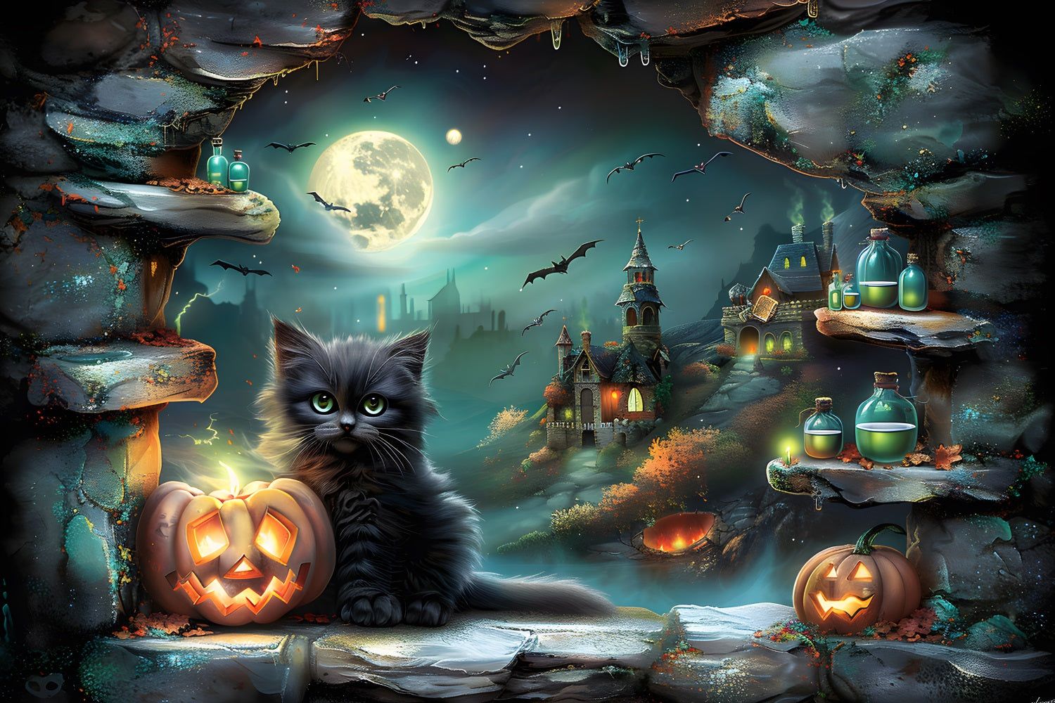 1500x1000 Halloween Village Black Cat Pumpkins Backdrop RR7 359