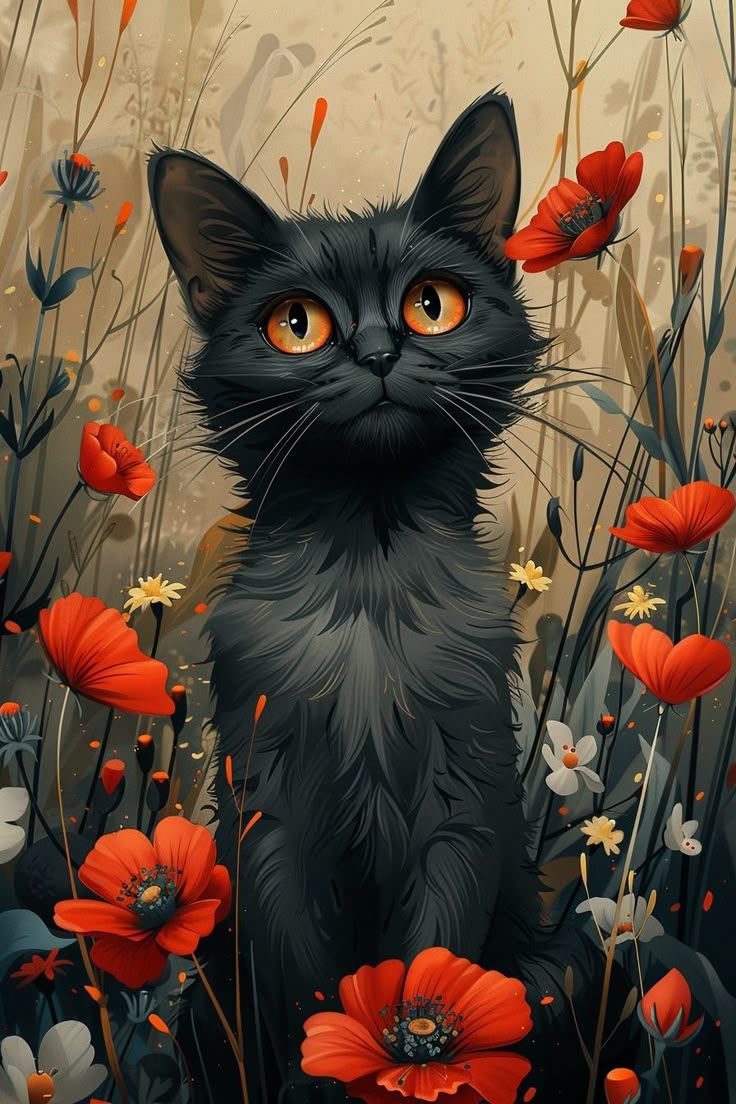 736x1104 SPOOKY BLACK KITTEN in a FIELD of RED FLOWERS, WALLPAPER
