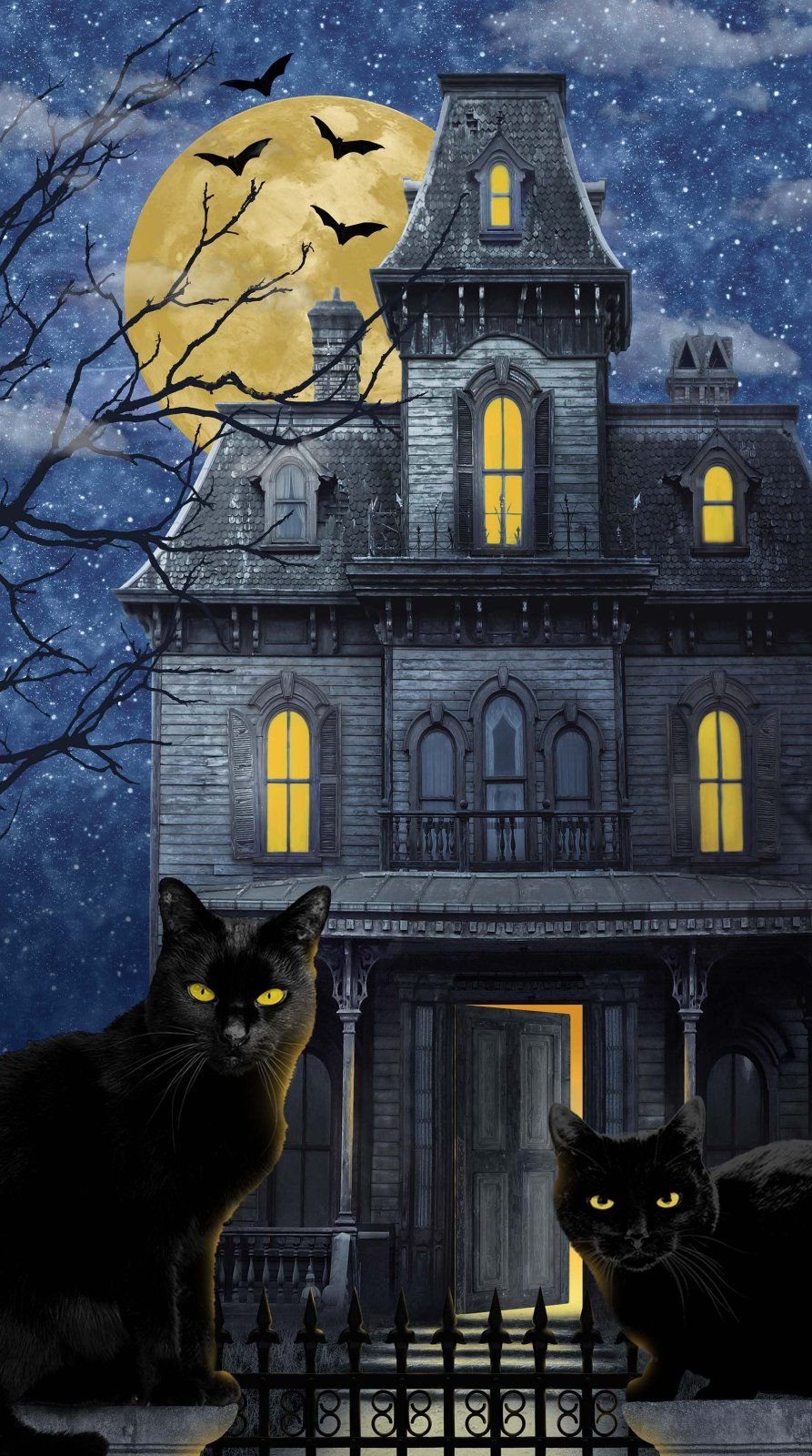 893x1600 Northcott Hocus Pocus. Panel features spooky black cats and bats flying around a spooky house