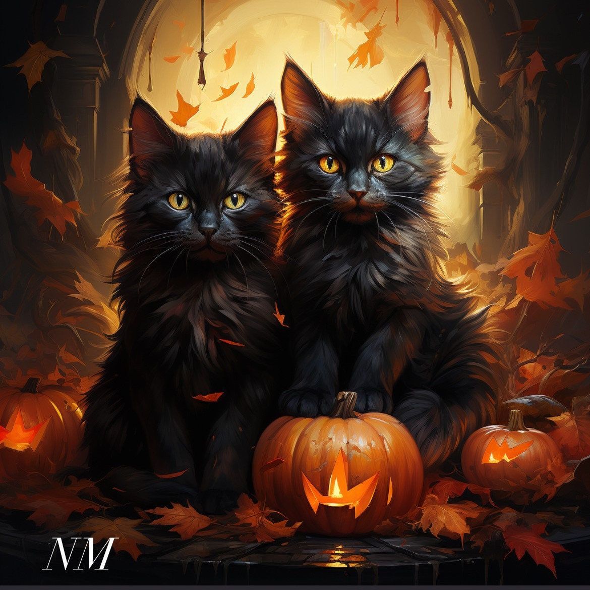 1170x1169 Black Cats Halloween Print: Spooky Pumpkin Home Decor (digital Download)
