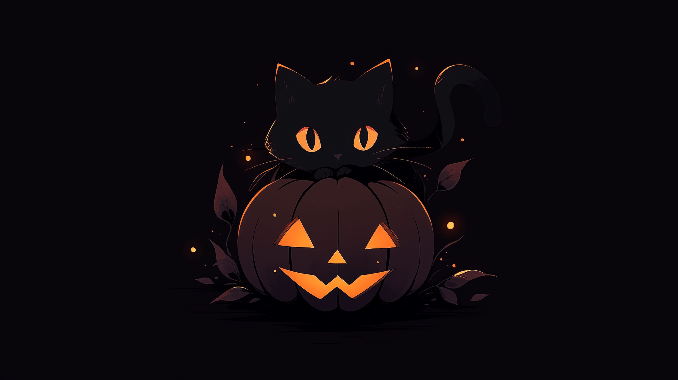 2184x1224 Halloween Black Cat and Pumpkin HD Wallpaper