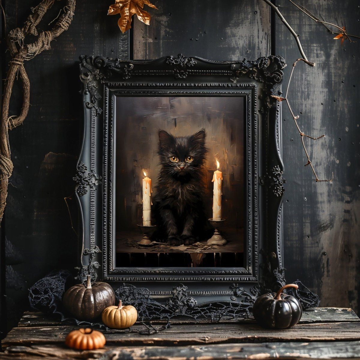 1200x1200 Black Halloween Cat Gothic Wall Art Vintage Oil Painting Spooky Decor Dark Cottagecore Gothic Halloween Poster Dark Academia Art Print Paper Poster