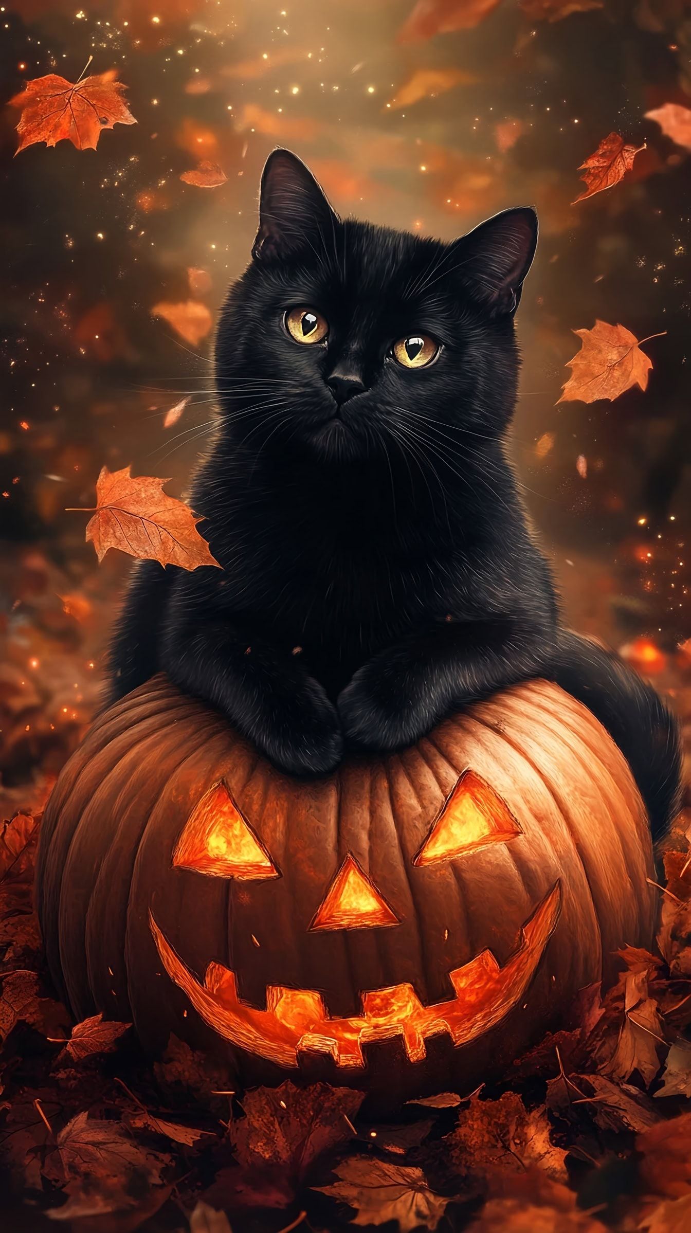1344x2398 Free Picture: Black Cat Sitting On A Halloween Pumpkin Lantern, A Lit Up Pumpkin At The Halloween Night
