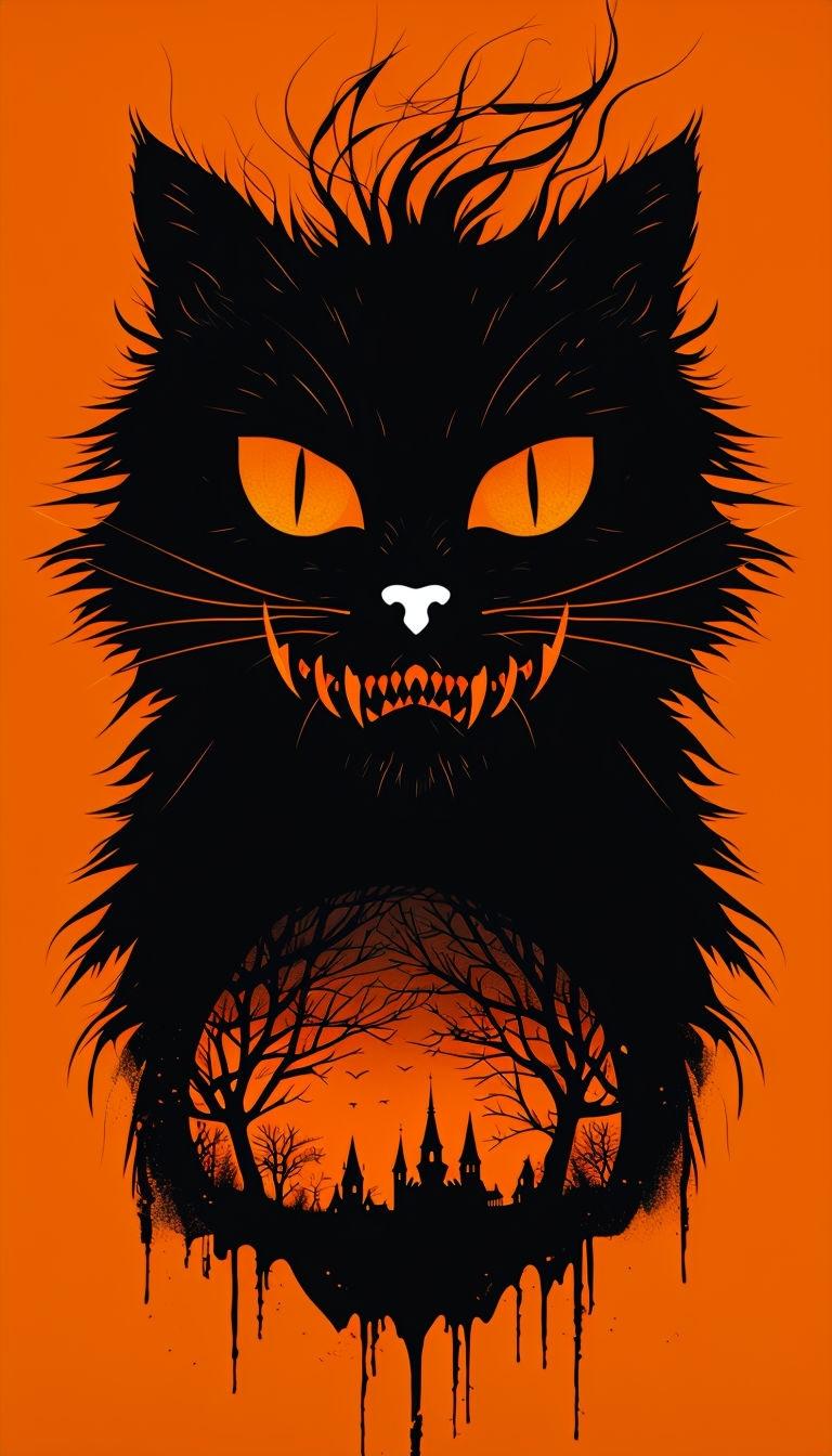 768x1344 Menacing Black Cat with Spooky Forest Double Exposure Wallpaper